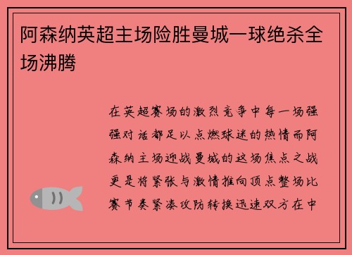 阿森纳英超主场险胜曼城一球绝杀全场沸腾