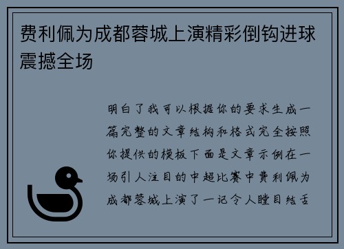 费利佩为成都蓉城上演精彩倒钩进球震撼全场